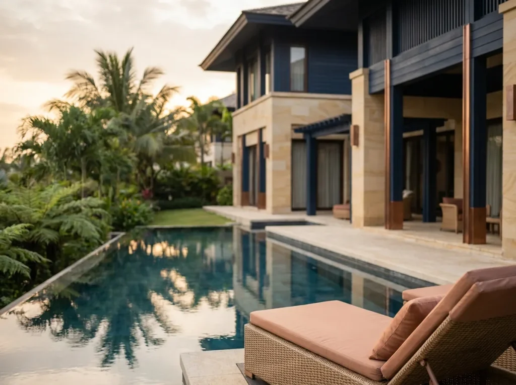 Modern tropical villa exterior with a swimming pool and lush greenery in Bali