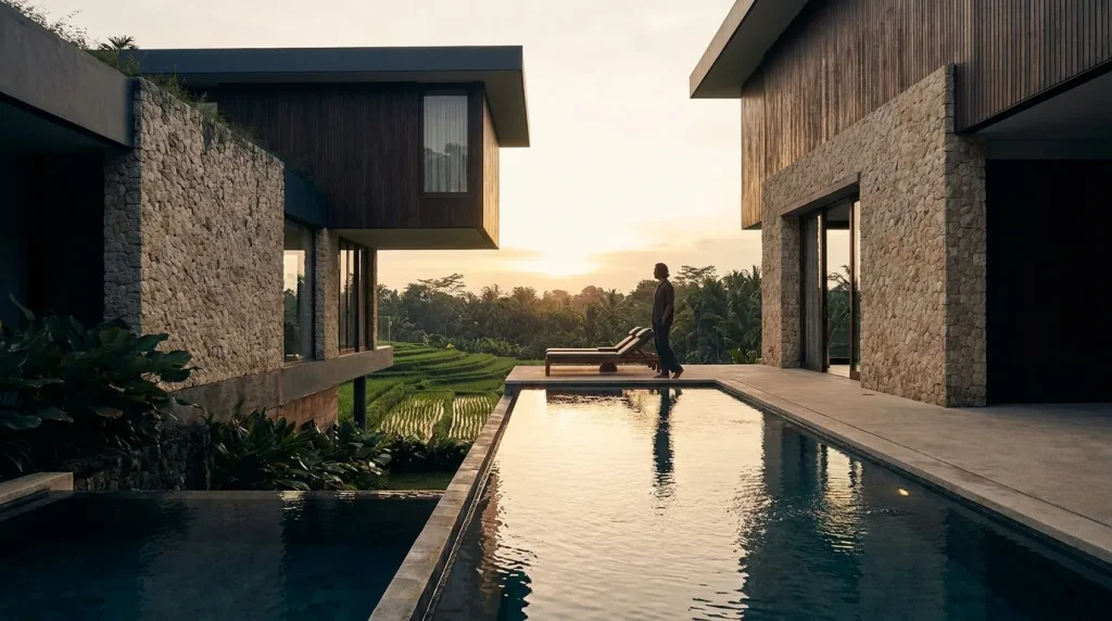 Modern villa exterior with an infinity pool overlooking Bali countryside at golden hour