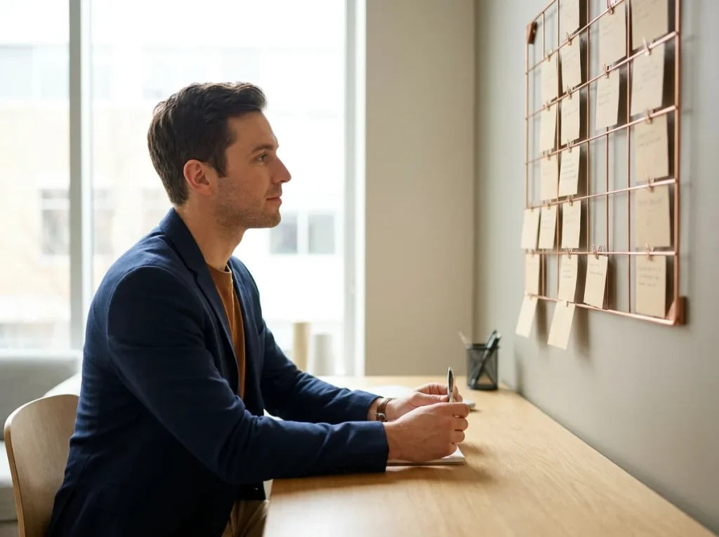 Project manager calmly reviewing a coordinated task board at a clean desk