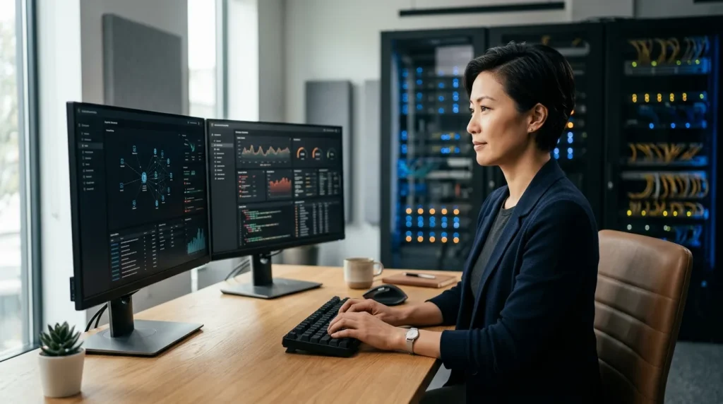 IT professional managing data servers in a server room