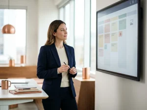 Project coordinator reviewing a Kanban-style workflow board on a large screen