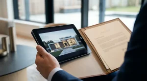 Real estate professional reviewing property details and verification documents on a tablet